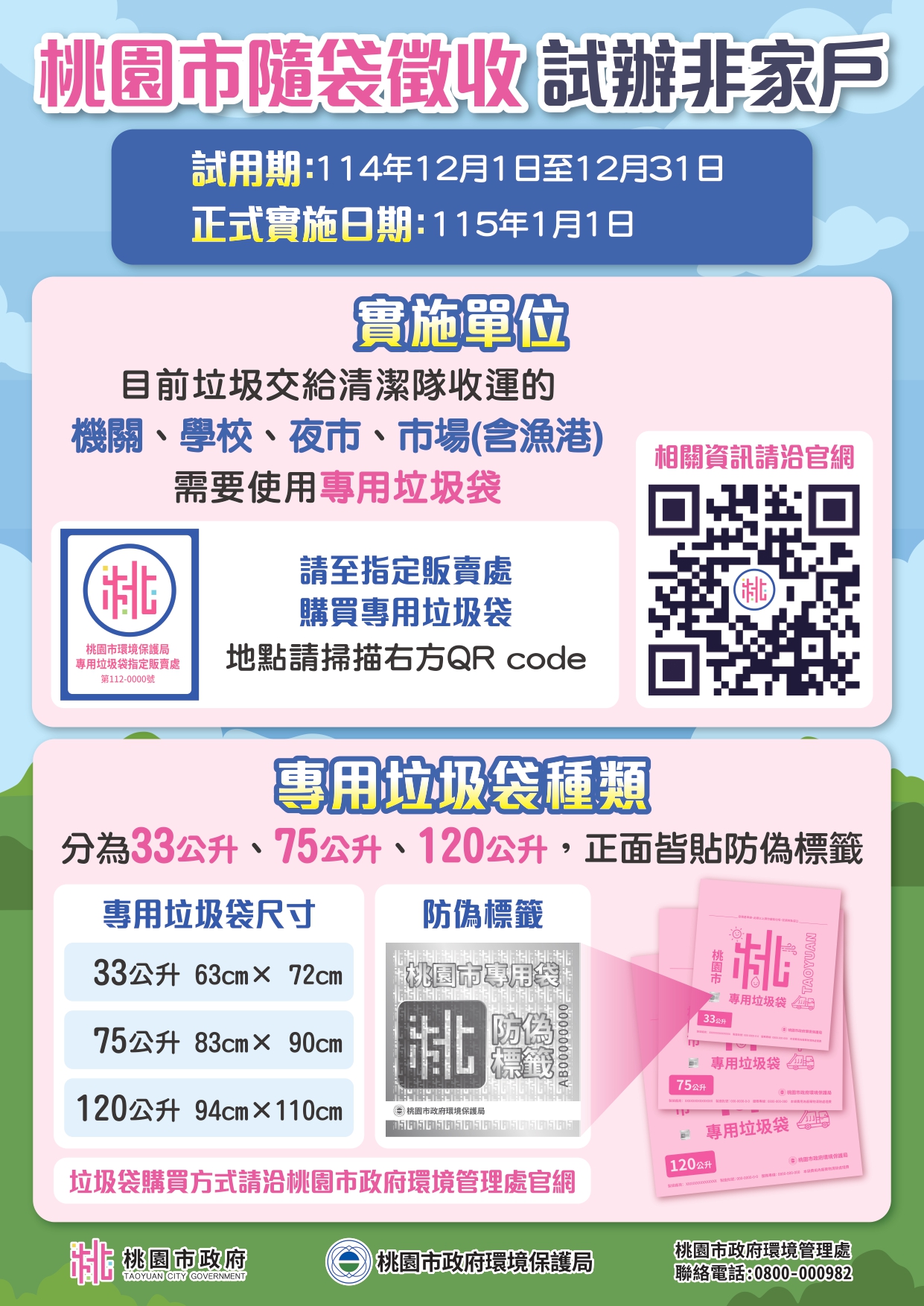 桃園市隨袋徵收試辦非家戶宣傳單-實施單位及專用垃圾袋種類