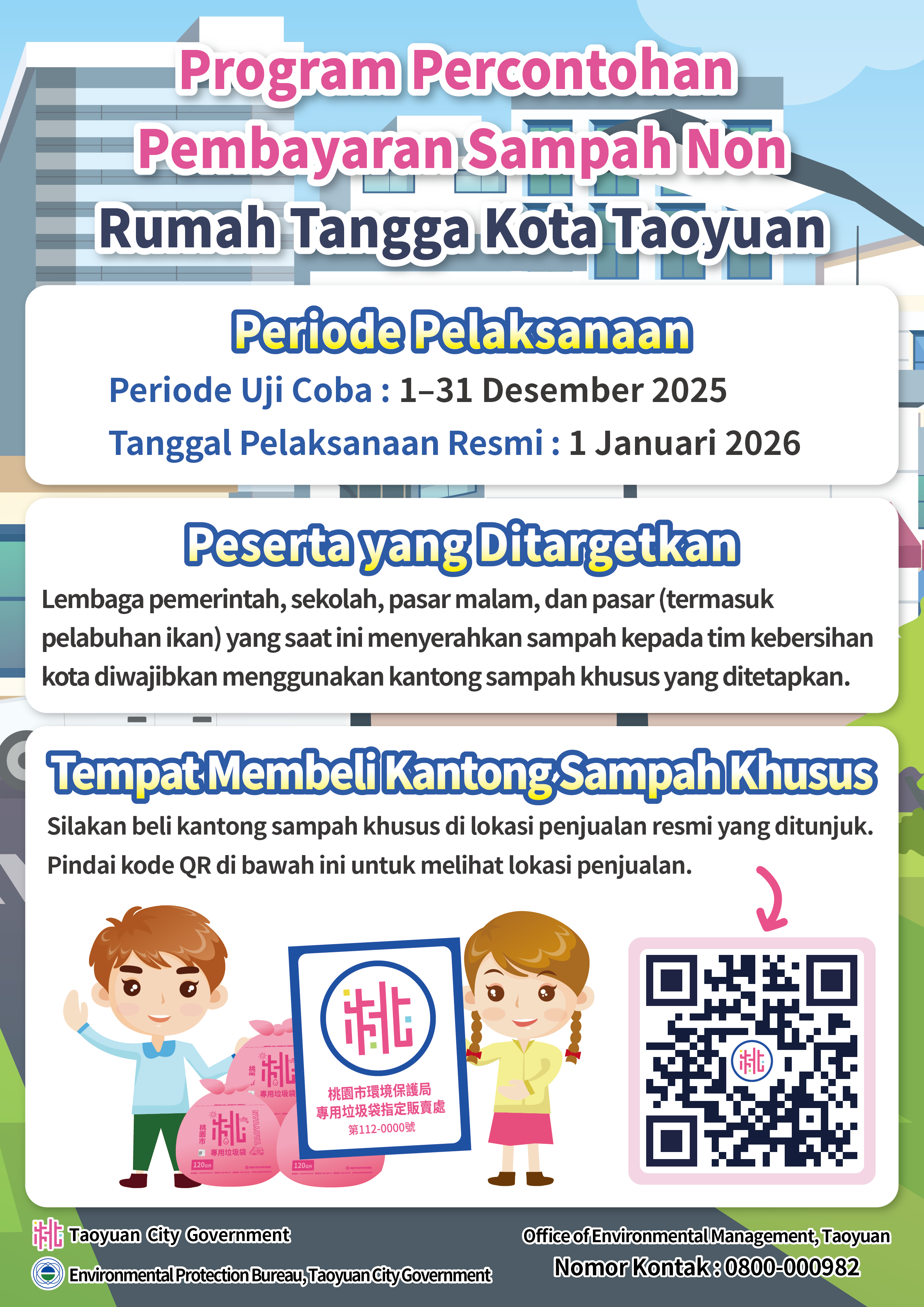 印尼文版-桃園市隨袋徵收試辦非家戶宣傳單-實施時間、實施對象及販賣處資訊
