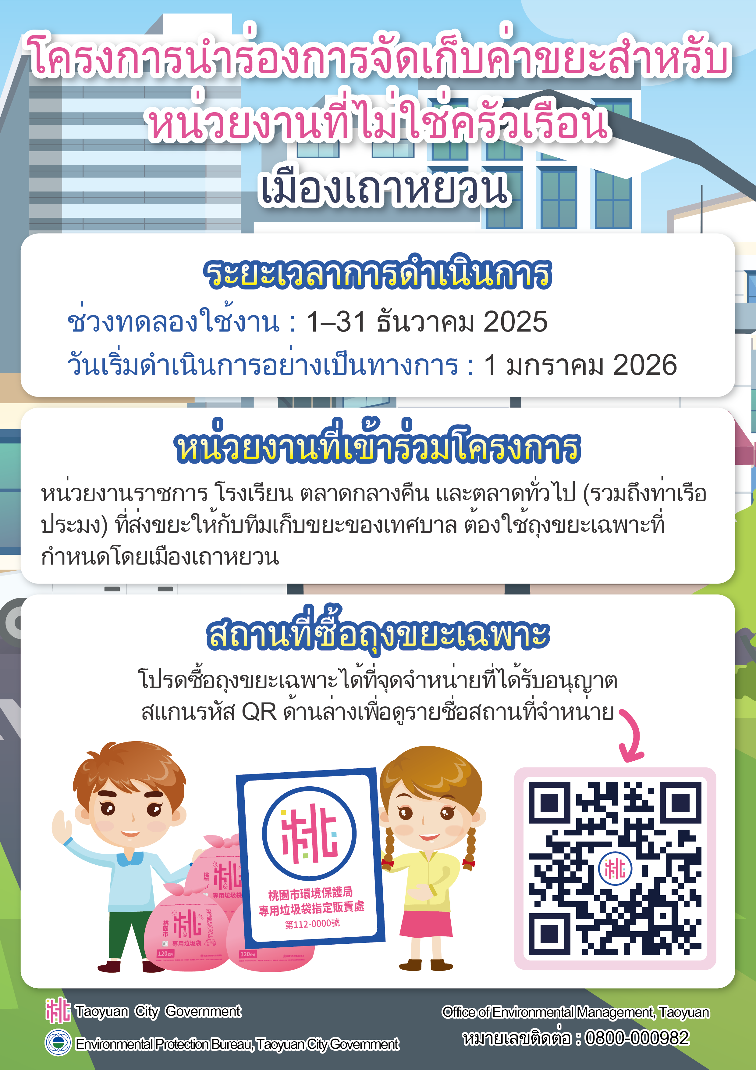 泰文版-桃園市隨袋徵收試辦非家戶宣傳單-實施時間、實施對象及販賣處資訊