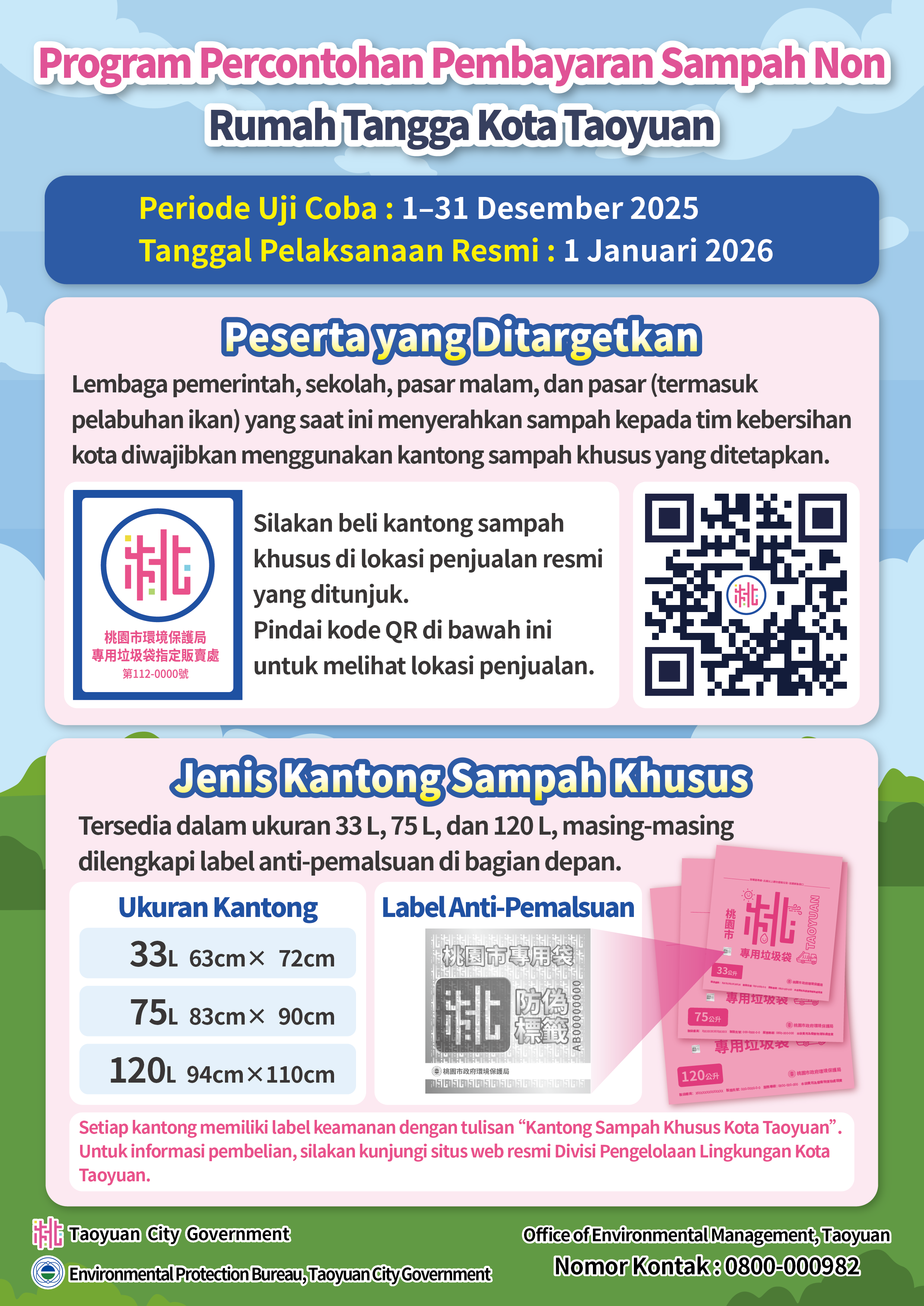 印尼文版-桃園市隨袋徵收試辦非家戶宣傳單-實施單位及專用垃圾袋種類