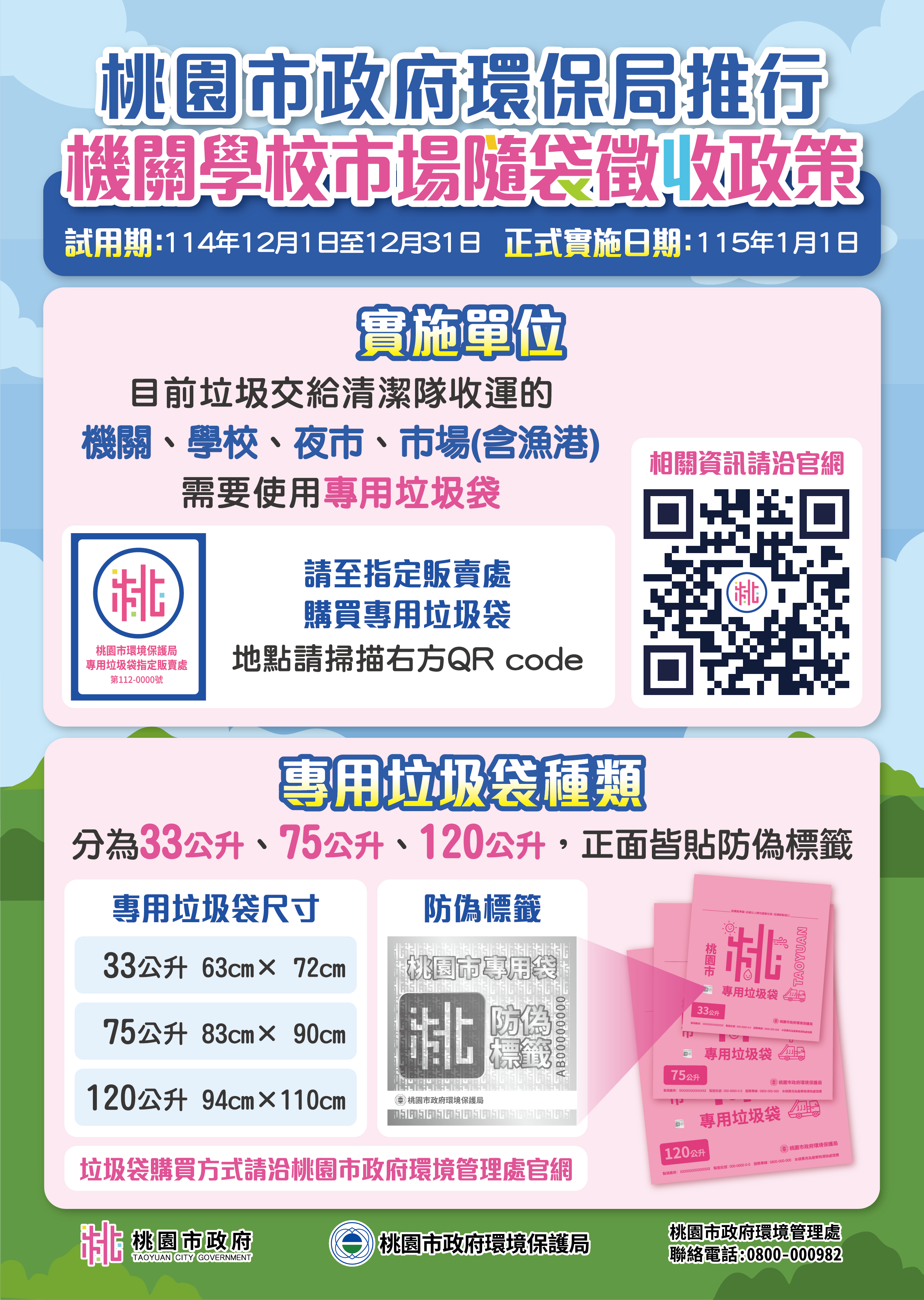 桃園市機關學校市場推行隨袋徵收政策宣傳單-實施單位及專用垃圾袋種類